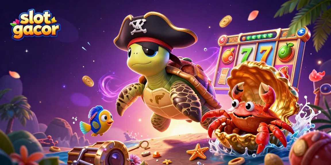 Slot gacor yang menampilkan kura-kura bajak laut dan simbol permainan yang menarik.