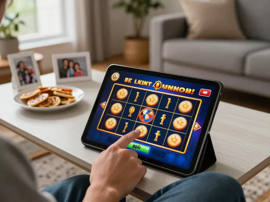 Engaging gameplay of slot online with a player pressing the spin button on a tablet in a cozy home setting.