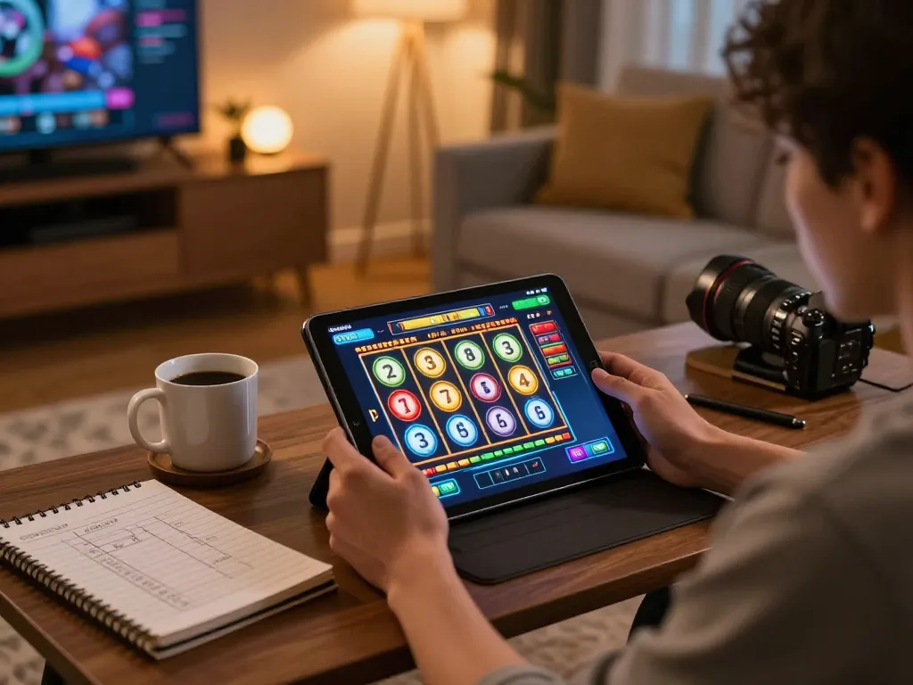 Engaging in slot toto gameplay on a tablet in a cozy home setup, capturing the online casino experience