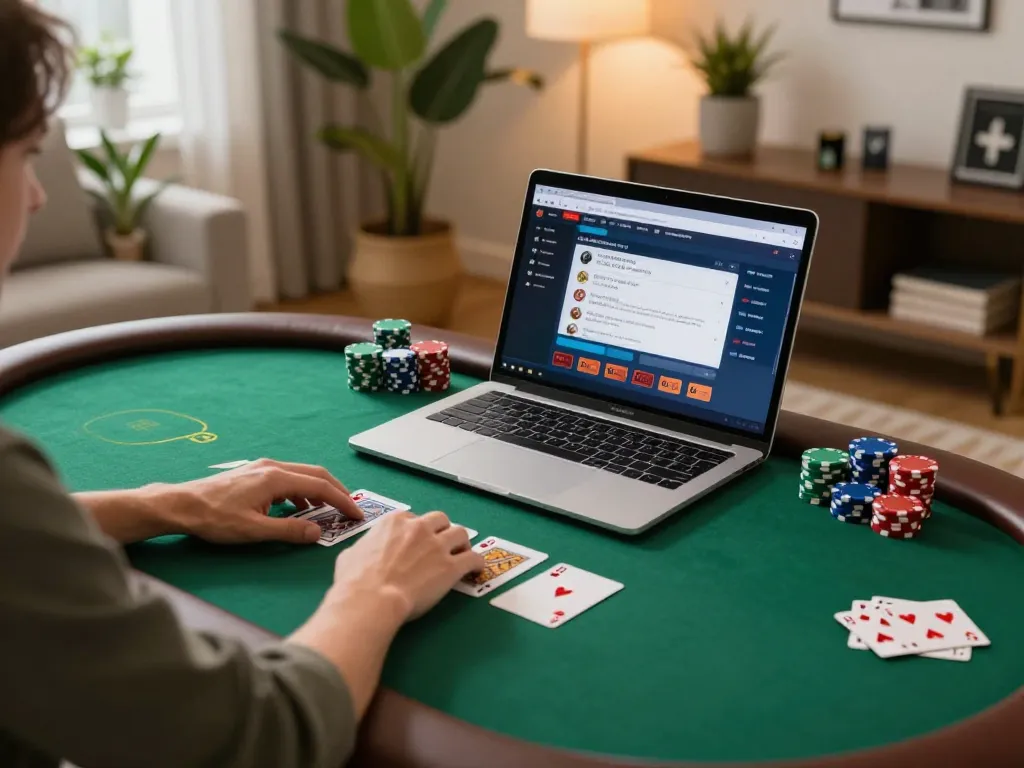 J188 online casino gaming setup with player engaged in poker, showcasing strategic gameplay and personal atmosphere