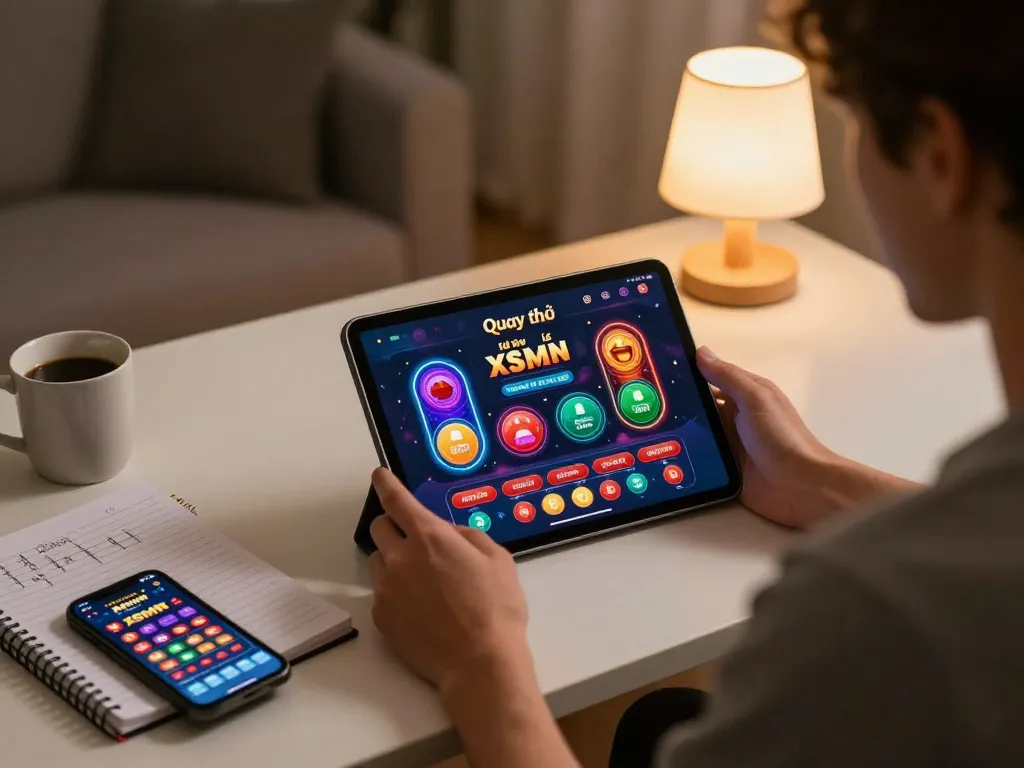 Engaging in Quay thử XSMN while using an online casino tablet at home, showcasing betting strategy.