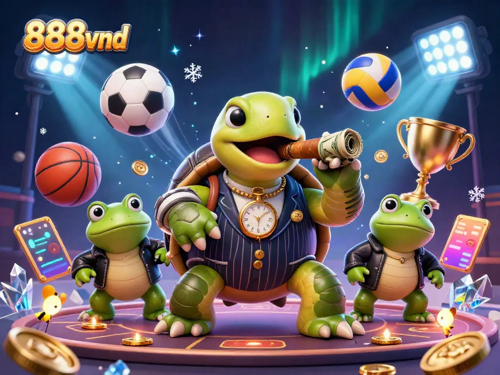Dynamic scene depicting 888vnd characters around flying sports-themed elements, emphasizing the thrill of online betting.
