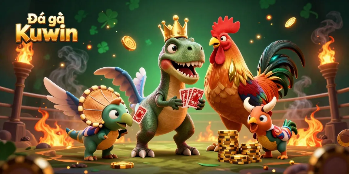 Experience intense Đá gà Kuwin battles with vibrant characters and dynamic gaming elements in this 3D illustration.