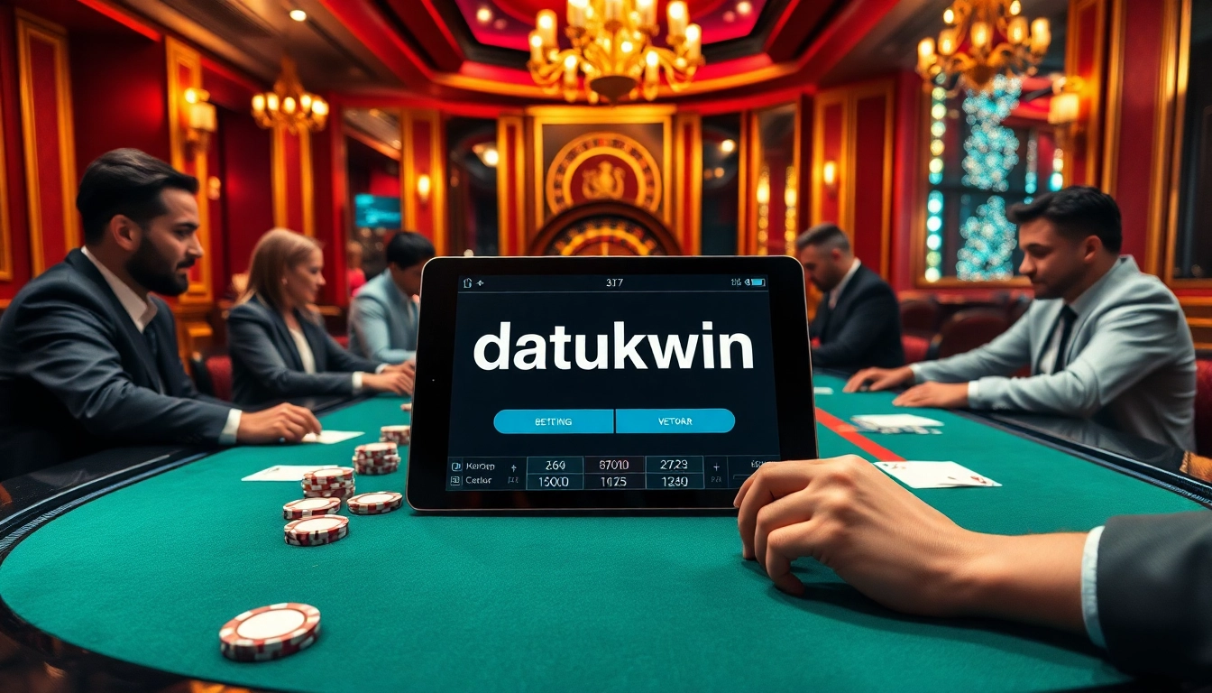 Pemain menavigasi permainan poker yang mendebarkan di kasino mewah, dengan 'datukwin' ditampilkan pada sebuah tablet.