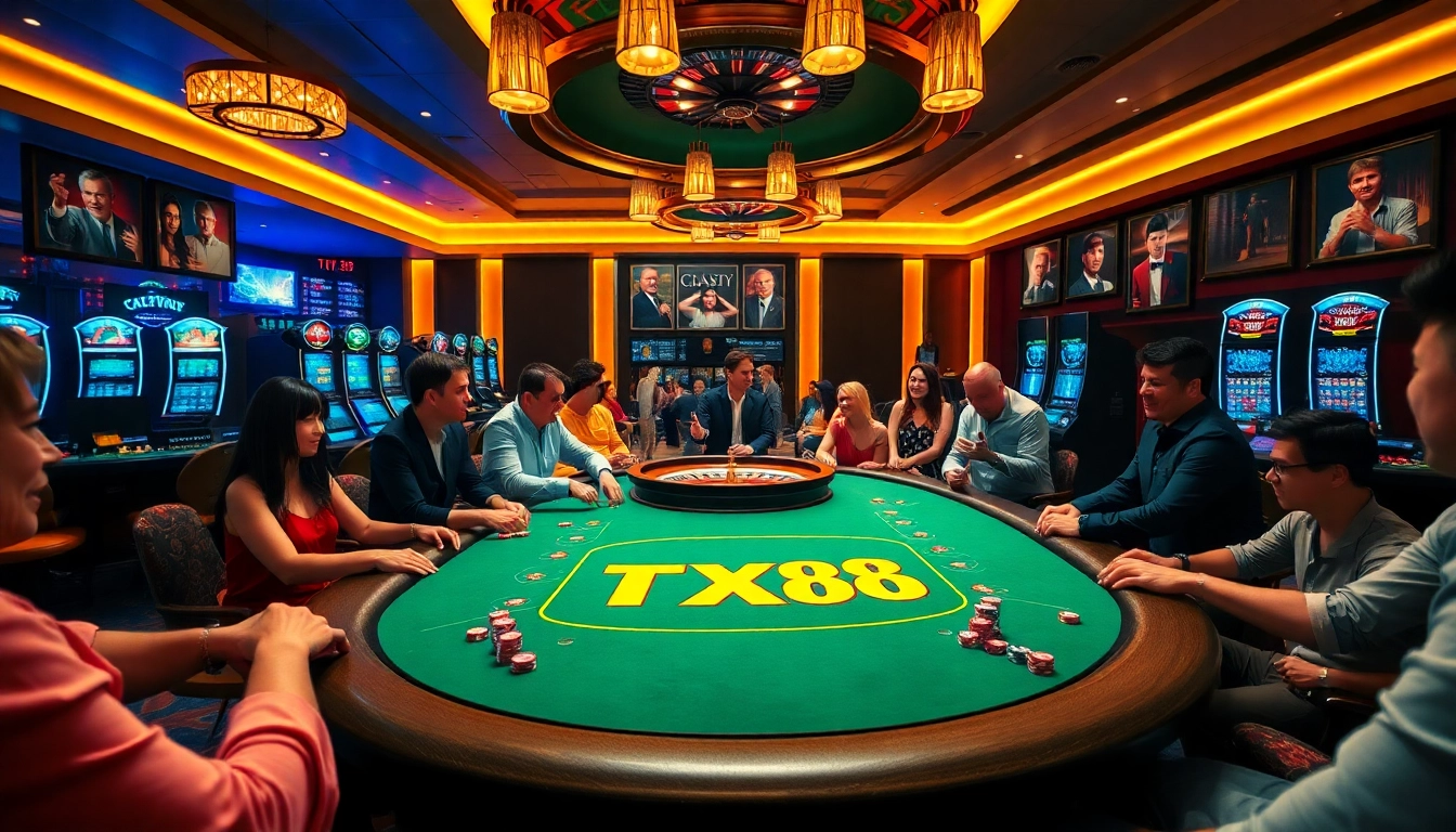 TX88 gaming table alive with excitement among gamblers, showcasing luxury and engagement.