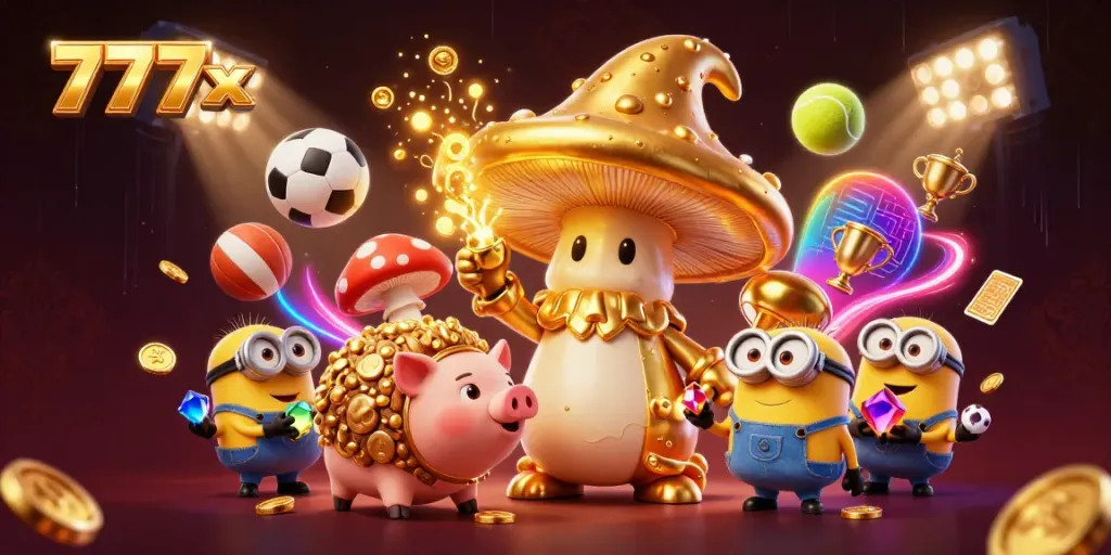 Join in the excitement at 777x casino with vibrant energies, gold elements, and dynamic sports action.