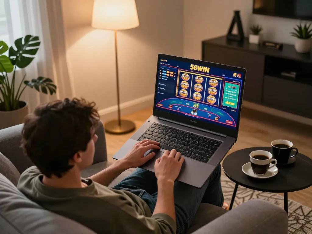 Player enjoying exciting casino games on 56WIN from a cozy home environment, demonstrating online gambling experience.
