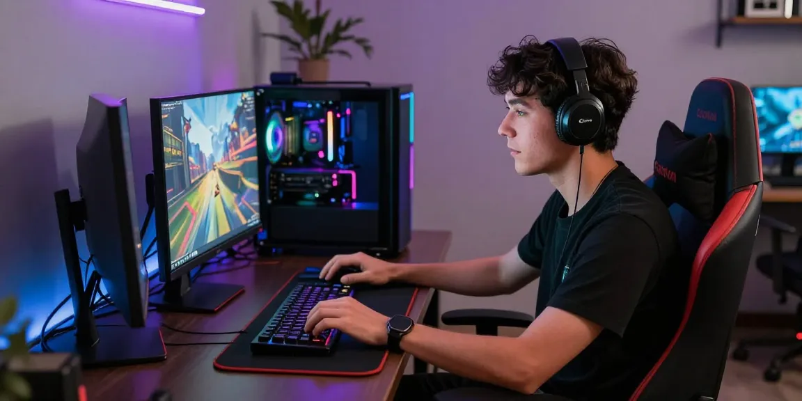 Pengguna gaming luxury111 bermain di setup PC modern dengan lampu LED berwarna-warni.