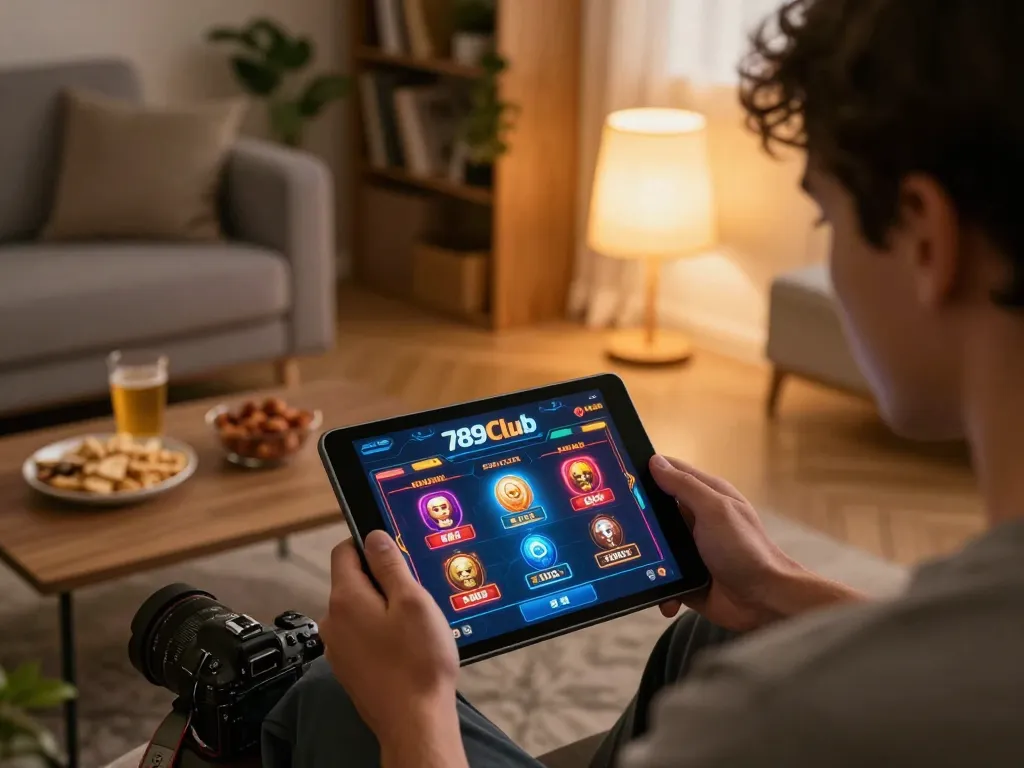 Watch an engaged player immerse in a 789club online game on their tablet in a cozy, warm setting.