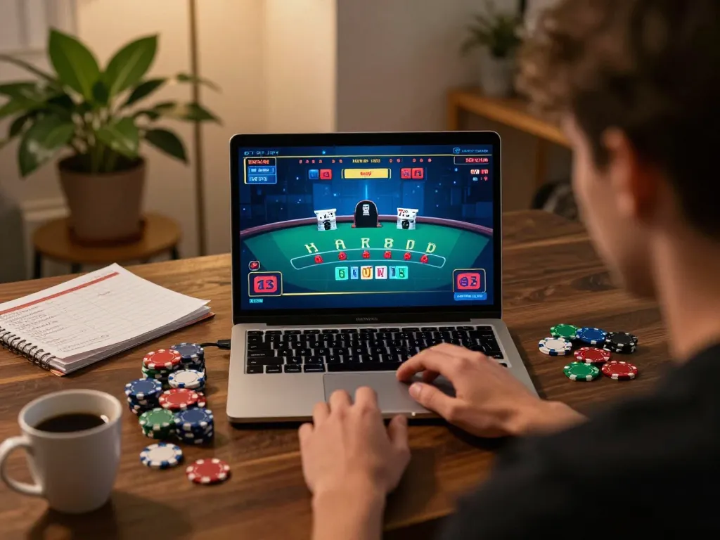 Player at home engaged in strategic blackjack gameplay on 789WIN, showcasing an immersive online casino experience