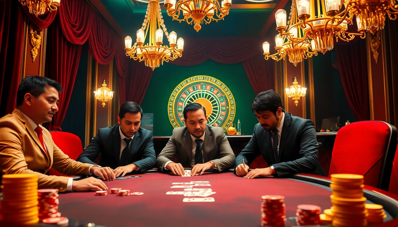 Cwin casino scene with professional players engaged in high-stakes poker at a luxurious table.
