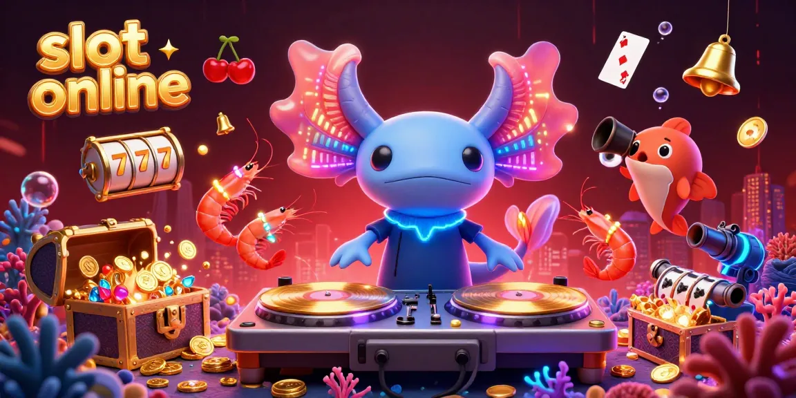 Mainkan slot online dengan meriah di ilustrasi 3D yang menampilkan DJ axolotl neon dan harta karun bawah laut.