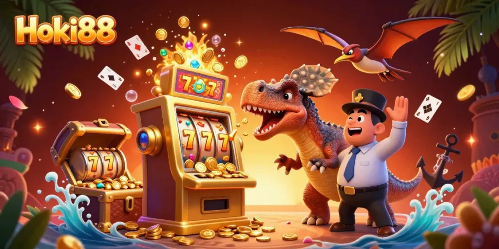Hoki88 mendapatkan jackpot dari mesin slot dengan karakter kartun dinosaurus dalam suasana kasino yang dinamis.