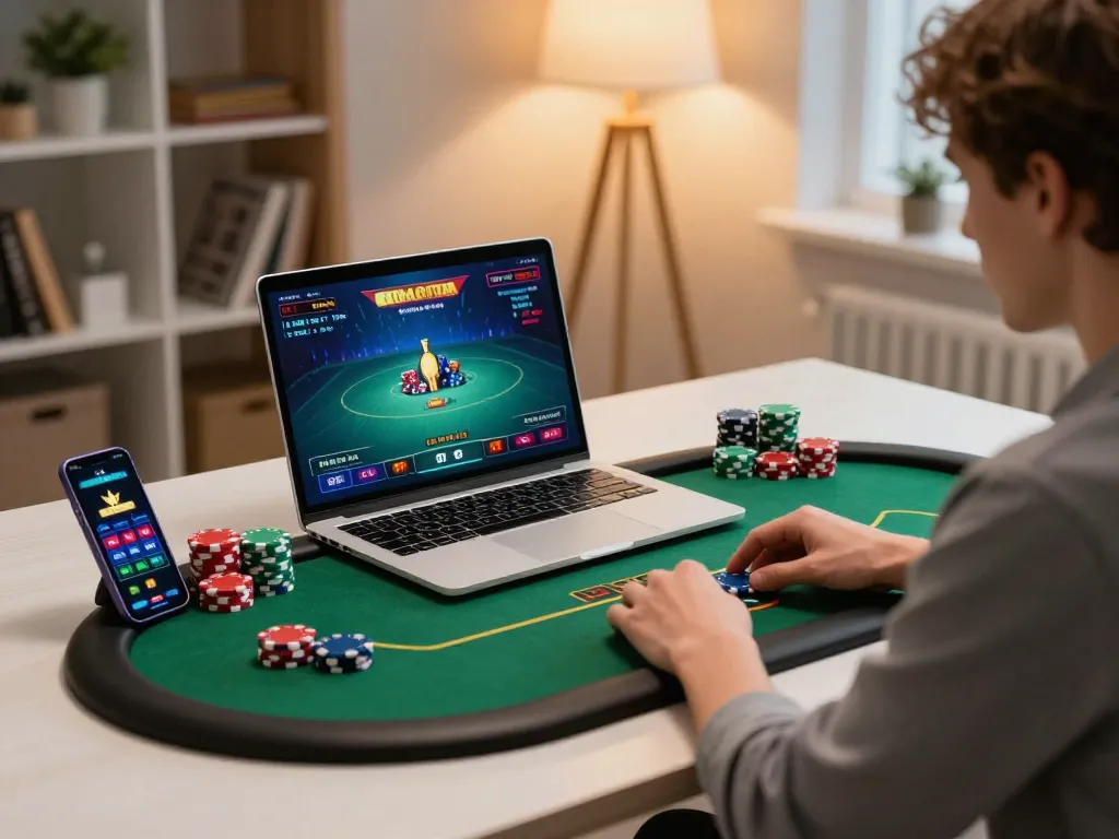 Engaging in online poker gameplay with 388bet on a laptop in a cozy home setup.