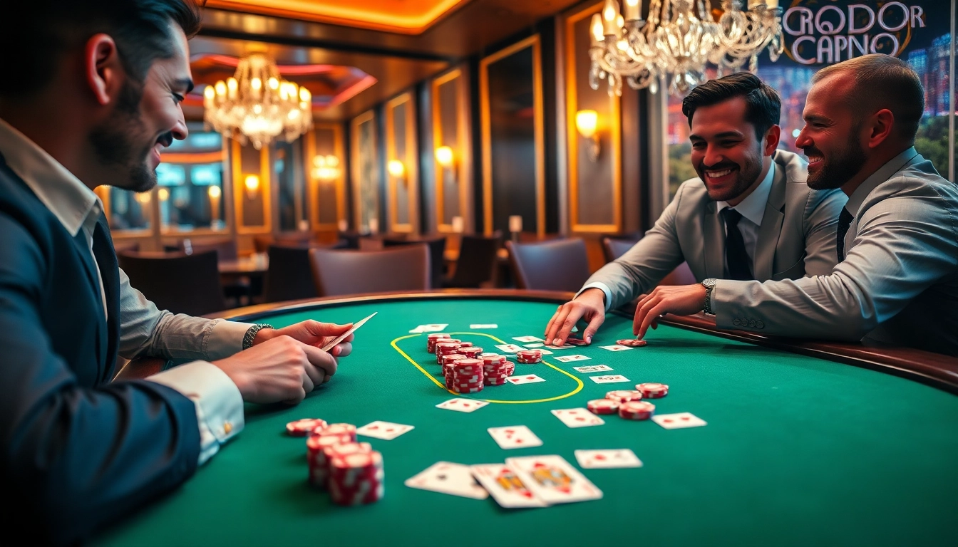 Experience the excitement of Blackjack Casino with players engaged at a vibrant table.