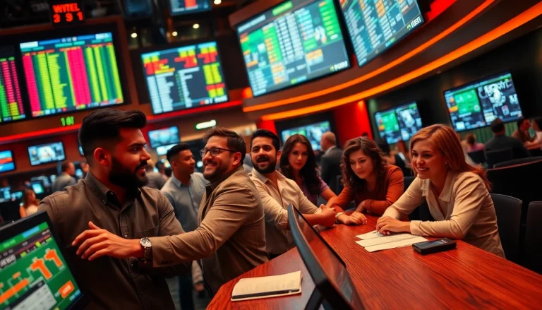 Engaged bettors immersing in the excitement of Sports Betting at a vibrant sportsbook.