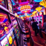 Main slot game dengan simbol menarik berputar di mesin slot di kasino yang meriah.