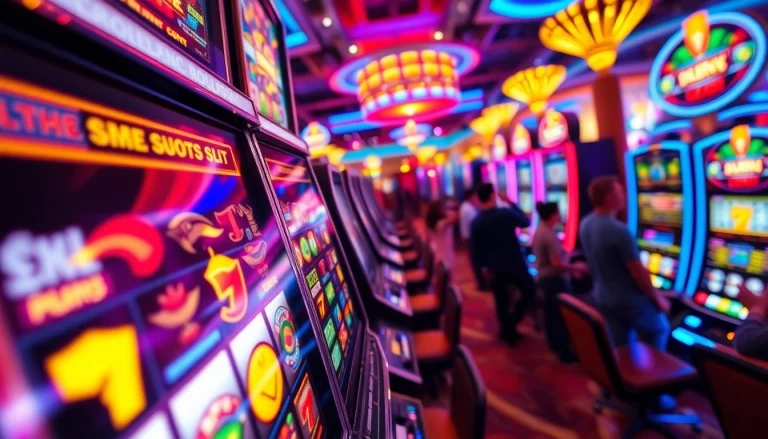 Main slot game dengan simbol menarik berputar di mesin slot di kasino yang meriah.