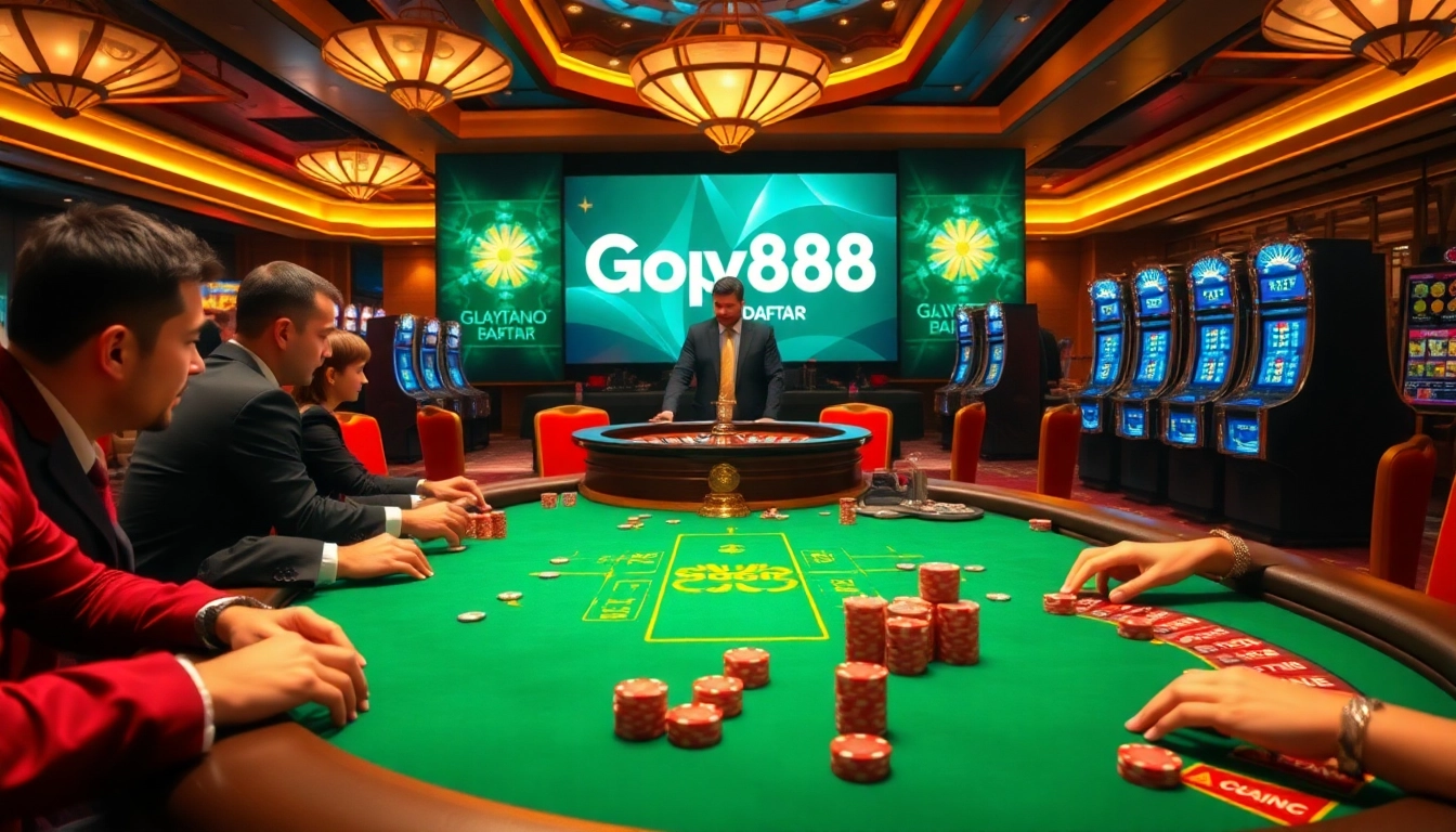 Gopay88 Daftar displayed at a vibrant casino table with engaged players and colorful chips.
