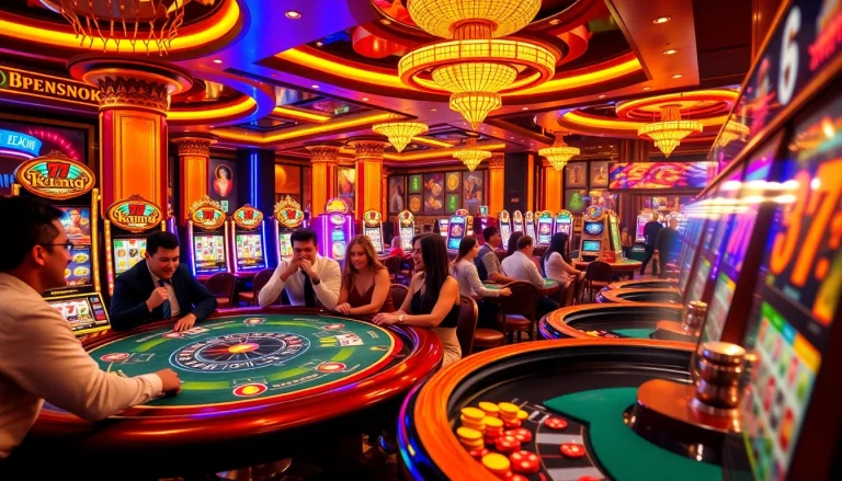 Players at a glamorous 79 king-themed casino winning big at slot machines and poker tables.