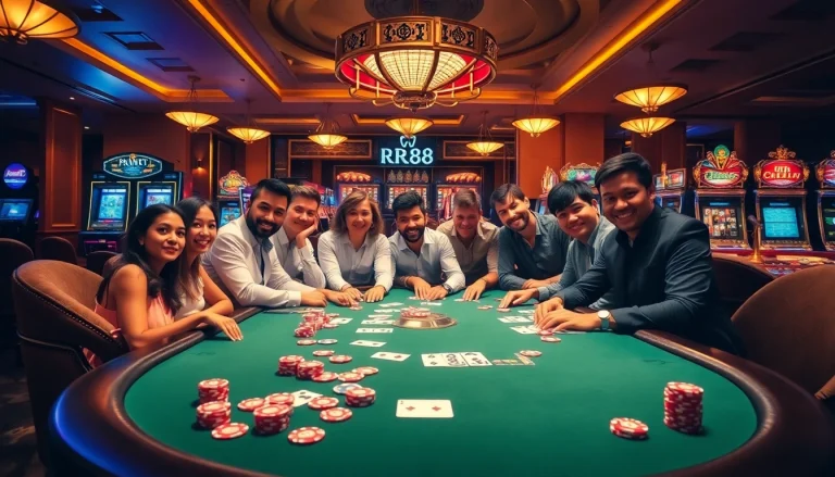 Engaging gamblers at a luxurious poker table with RR88-themed chips and cards.