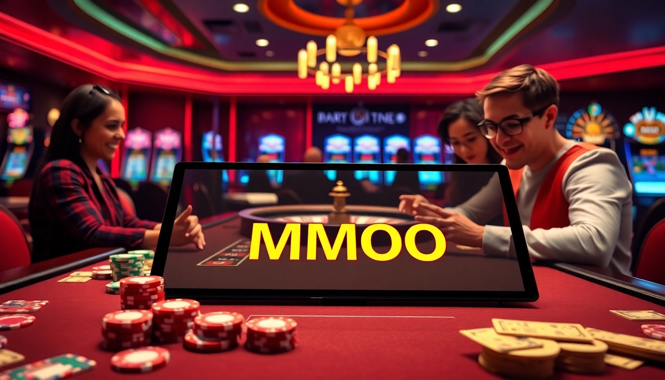 MMOO casino scene with luxurious poker chips and roulette wheel showcasing excitement in gambling.