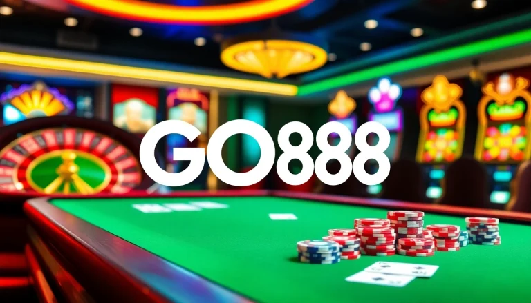 GO88 casino table with colorful poker chips and playing cards in an exciting online gaming environment.