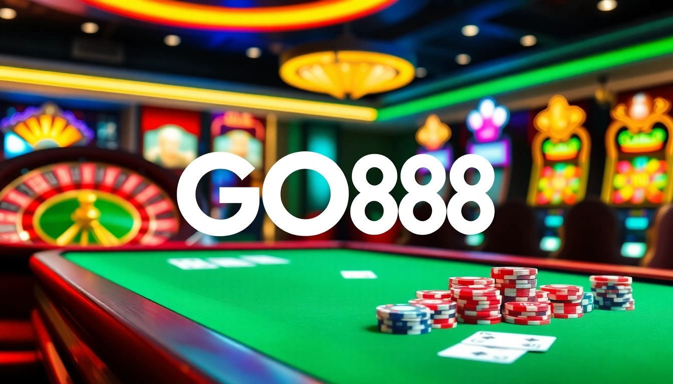 GO88 casino table with colorful poker chips and playing cards in an exciting online gaming environment.