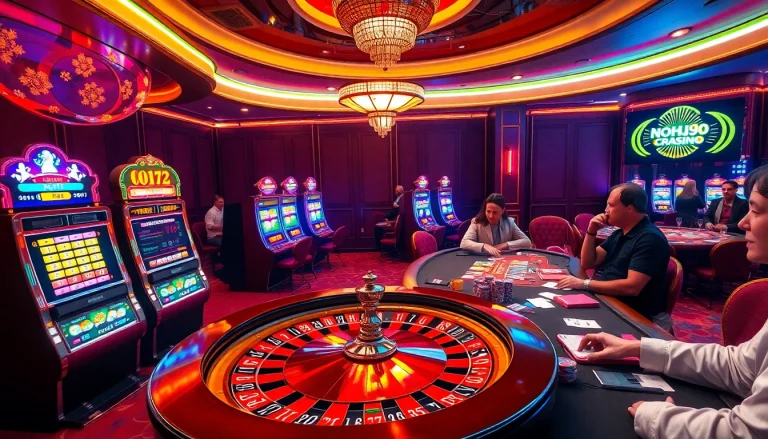 Players enjoying the thrilling games at NOHU90 casino with vibrant slot machines and roulette.