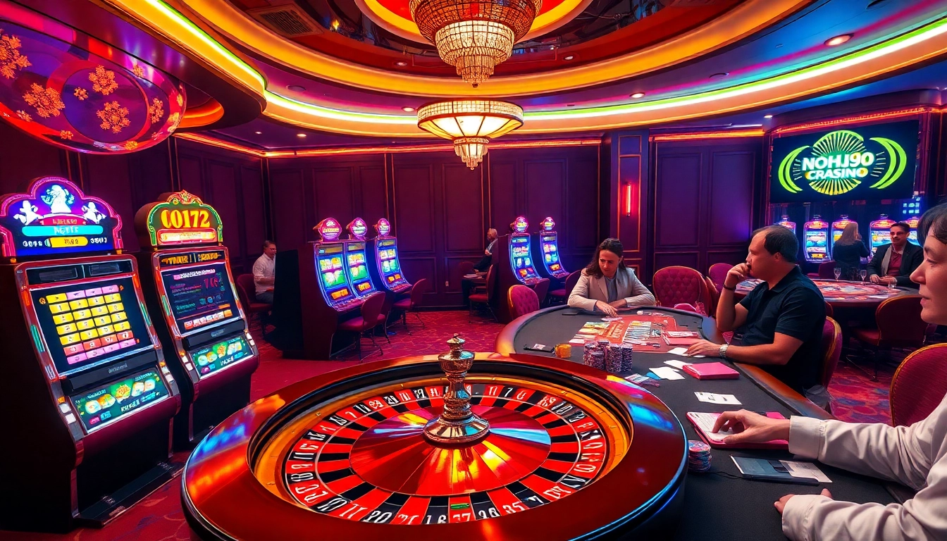 Players enjoying the thrilling games at NOHU90 casino with vibrant slot machines and roulette.