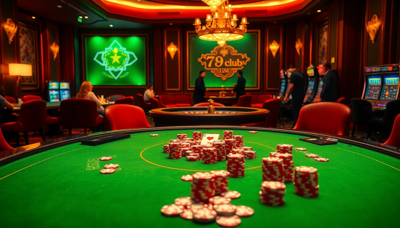 Gamblers enjoying a high-stakes game at 789club casino, vibrant tables and luxurious atmosphere.