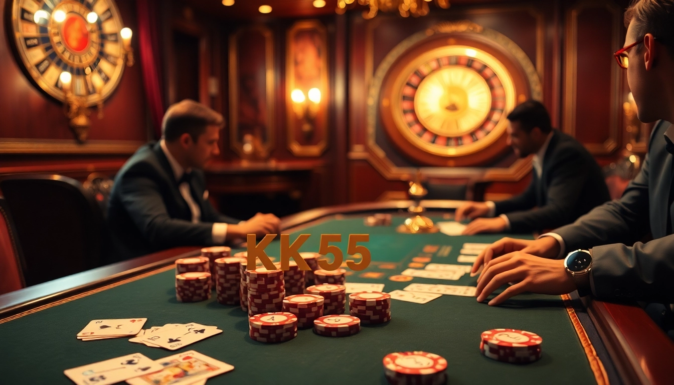 Poker players strategizing at a luxurious casino table, showcasing KK55-themed elements.