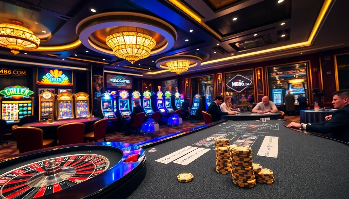 Players enjoying various games at MB66.COM's luxurious casino, showcasing excitement and engagement.
