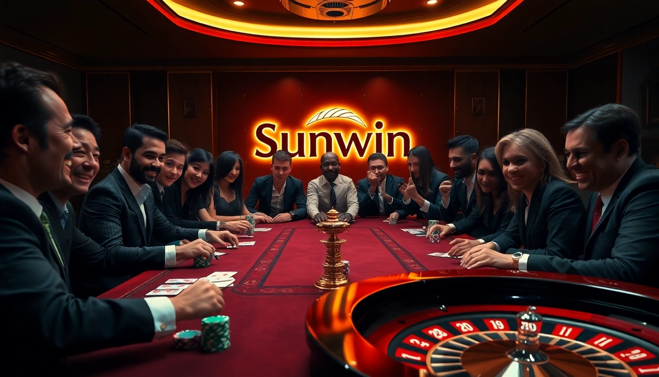 Experience the excitement of Sunwin as players engage in thrilling poker games in a luxurious casino setting.