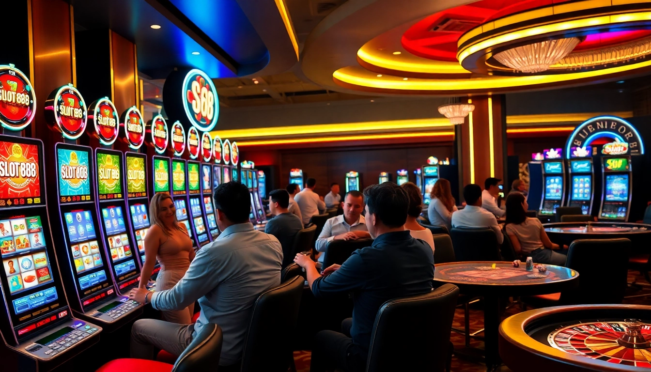 Players enjoying slot88 machines in a vibrant, luxurious casino environment.