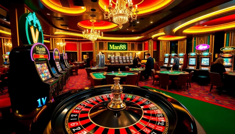 Man88 casino scene showcasing vibrant roulette and poker tables amidst an opulent atmosphere.