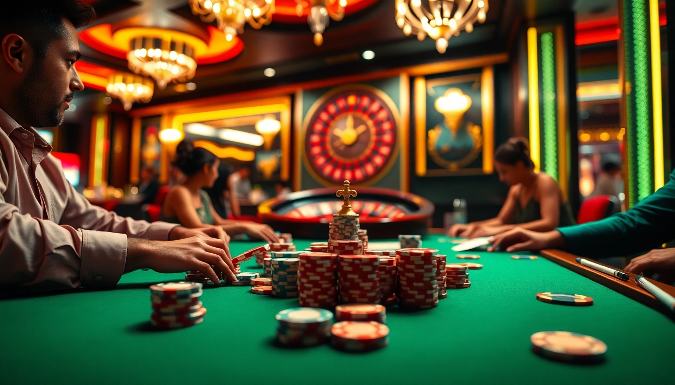 Players enjoying a thrilling poker game at an elegant xx88 casino table surrounded by vibrant atmosphere.