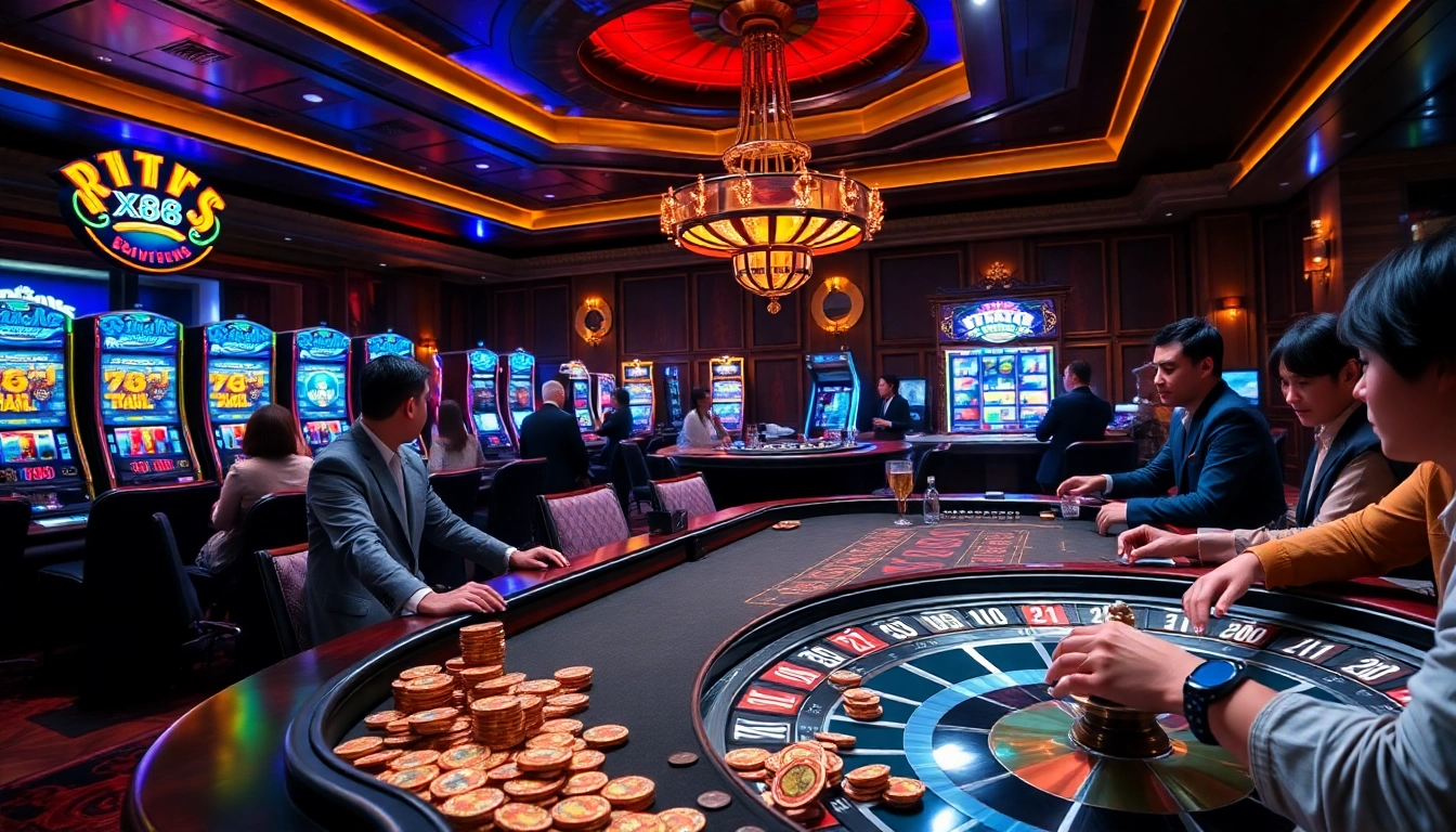 X88 CASINO gaming table with players, chips, and vibrant slot machines in a luxury setting.