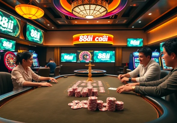 Engage with poker excitement at 88i nhà cái, surrounded by vibrant casino elements and online interfaces.