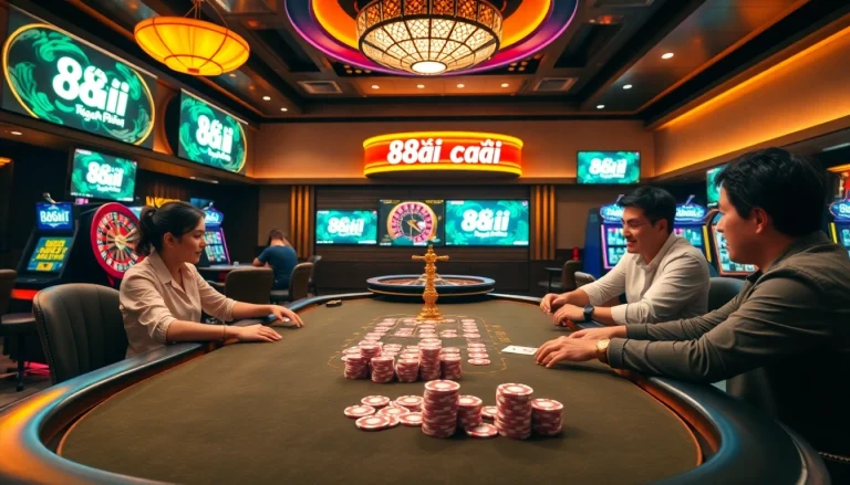 Engage with poker excitement at 88i nhà cái, surrounded by vibrant casino elements and online interfaces.