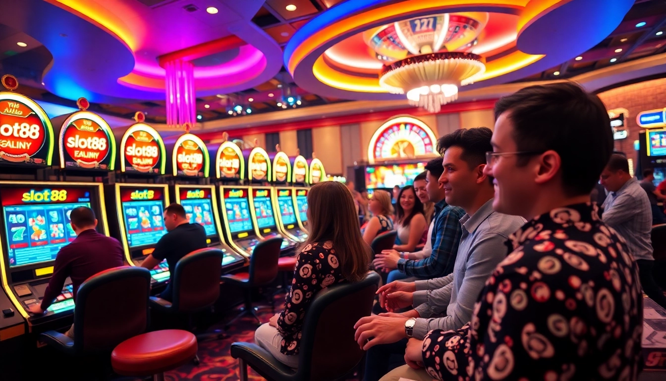 Players enjoying slot88 machines in a vibrant casino scene filled with excitement and thrill.