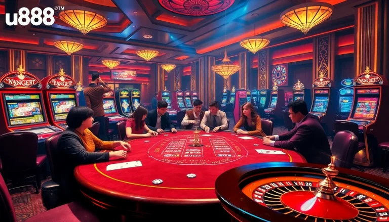 Players enjoying games at the u888 casino with colorful slot machines and poker tables.