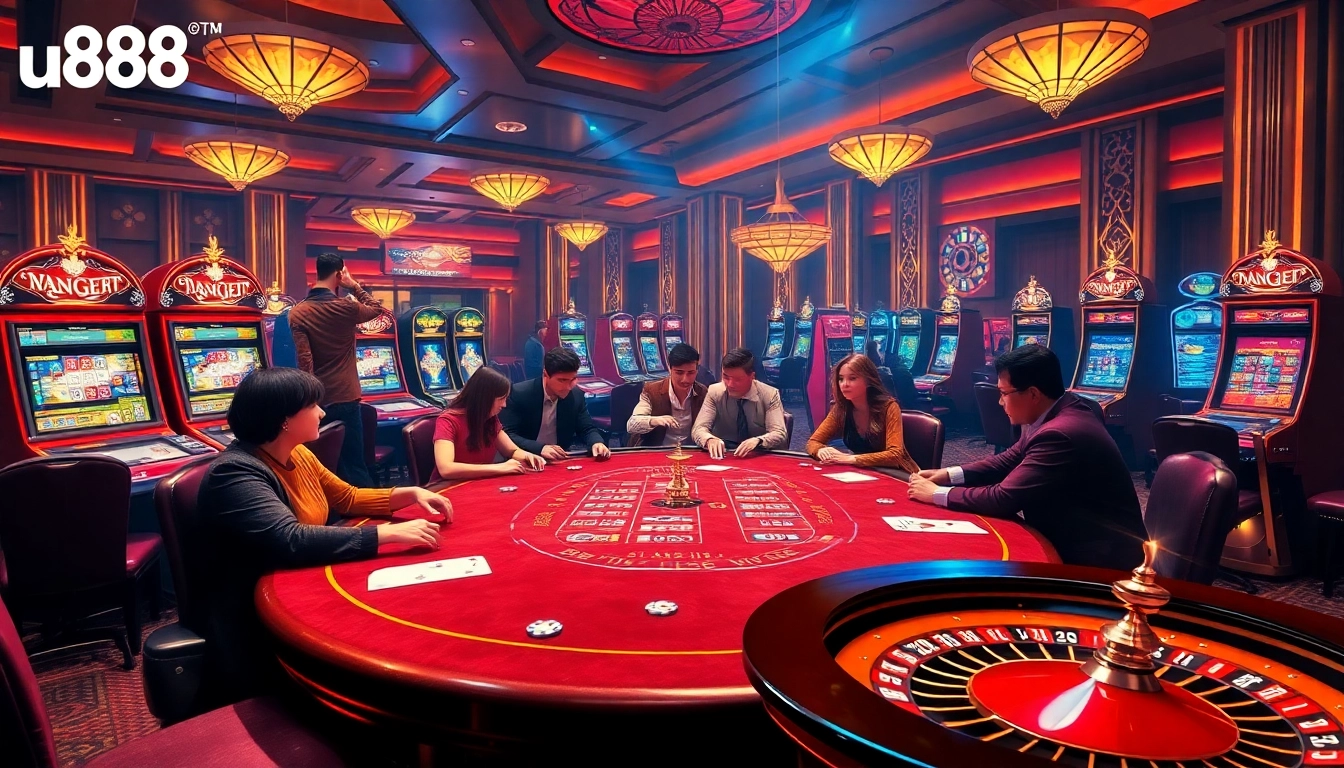 Players enjoying games at the u888 casino with colorful slot machines and poker tables.