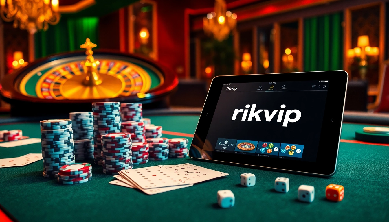 Playing a poker game with chips and cards at a luxurious rikvip casino.