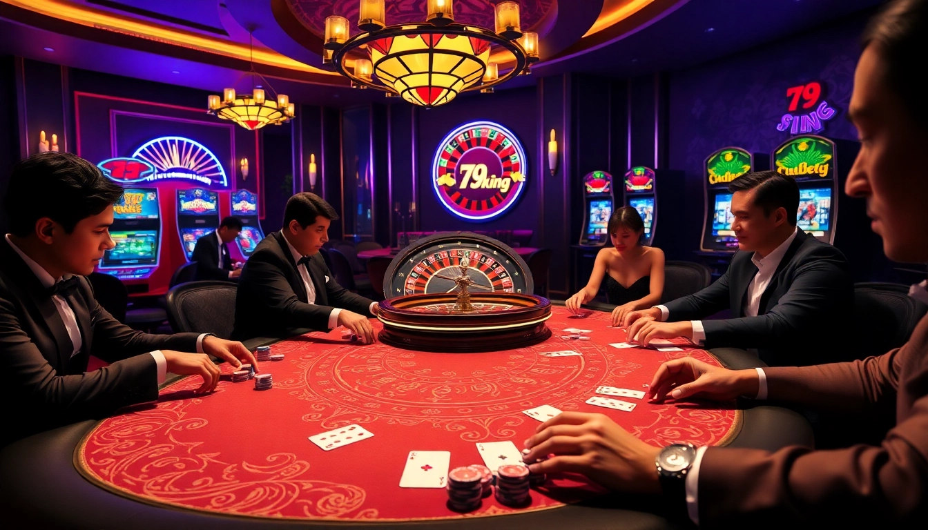 79king players strategize at a luxurious poker table amidst an exciting casino atmosphere.