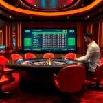 Engage in thrilling gameplay with bk8thai ทางเข้า, showcasing an upscale casino environment filled with vibrant poker chips and a roulette wheel.