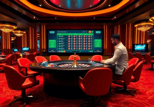 Engage in thrilling gameplay with bk8thai ทางเข้า, showcasing an upscale casino environment filled with vibrant poker chips and a roulette wheel.