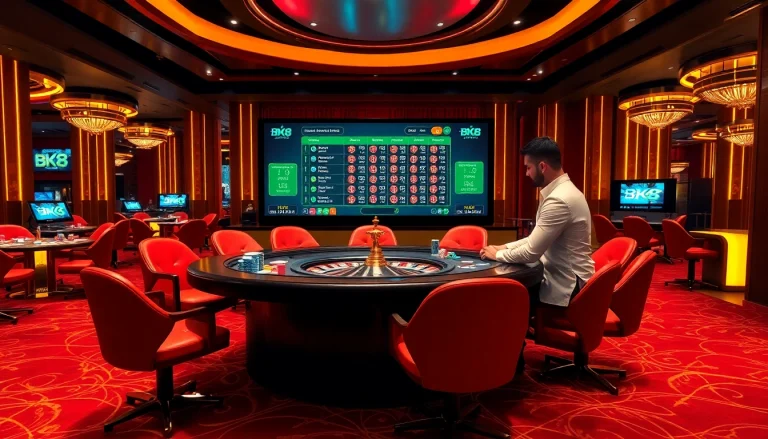 Engage in thrilling gameplay with bk8thai ทางเข้า, showcasing an upscale casino environment filled with vibrant poker chips and a roulette wheel.