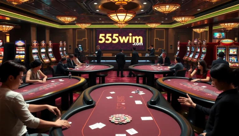 Exciting casino action at 555win com with poker tables and vibrant slot machines.