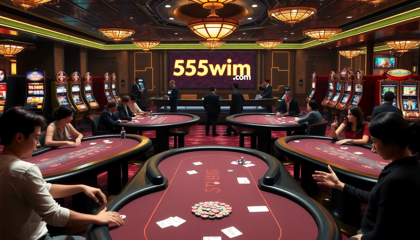 Exciting casino action at 555win com with poker tables and vibrant slot machines.